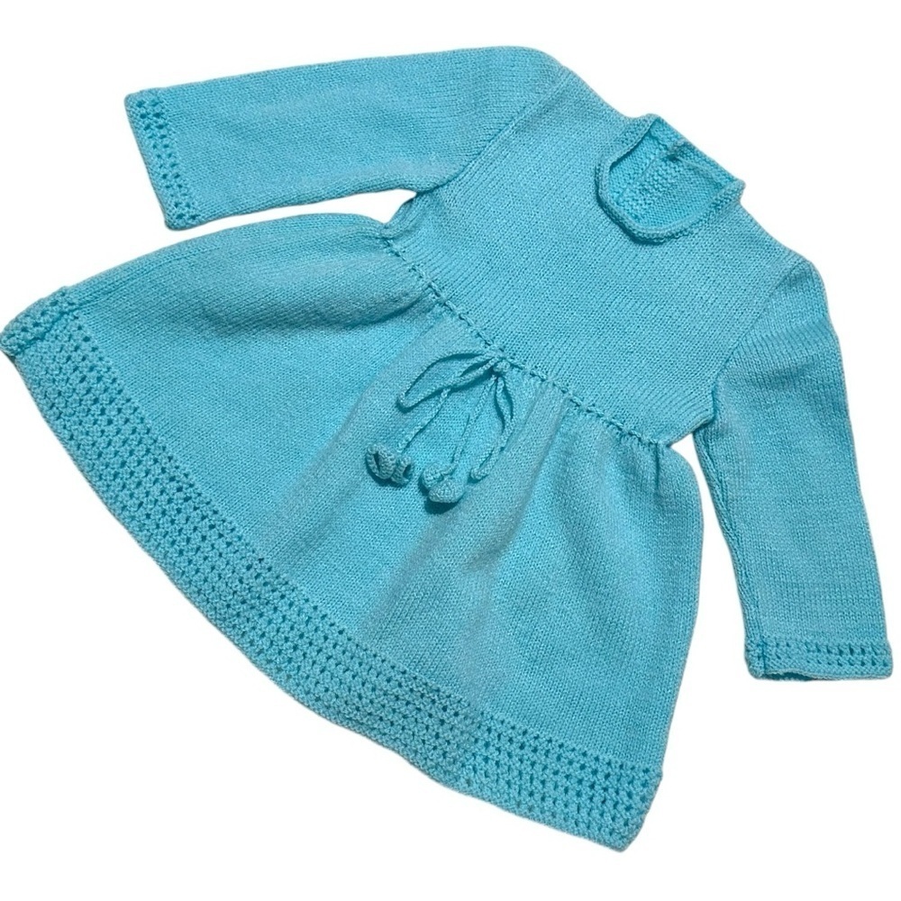 Hand-Knitted Baby Dress | Aqua Blue Long Sleeve Sweater Dress 6-12 Months